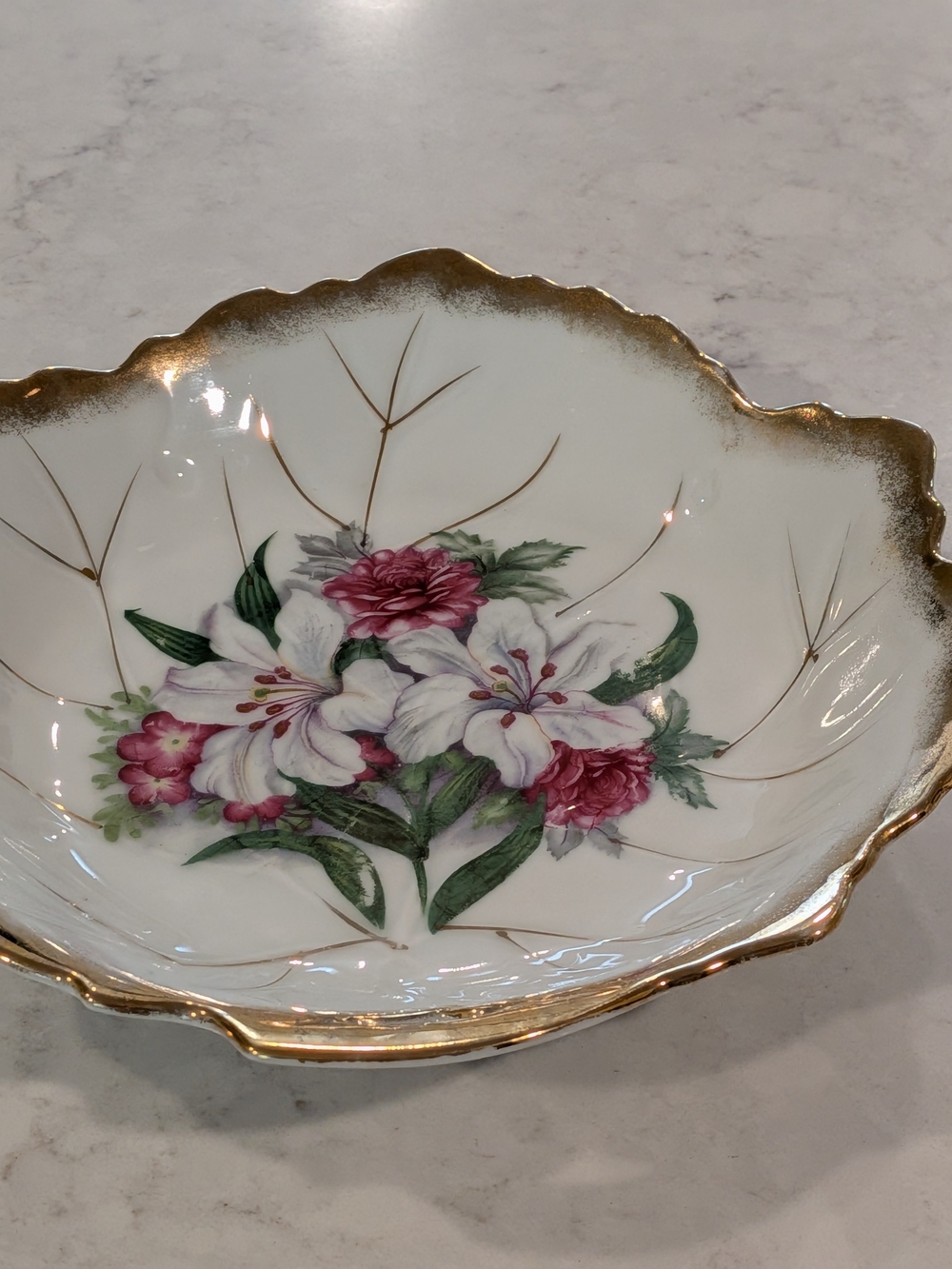 Vintage 2007 Japan Gold-Trim Porcelain Serving Bowl - White Pink 6.4"